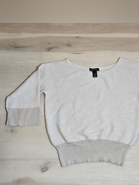 White House Black Market Womens S Pullover Sweater Silver Shimmer Top 3/4 Sleeve